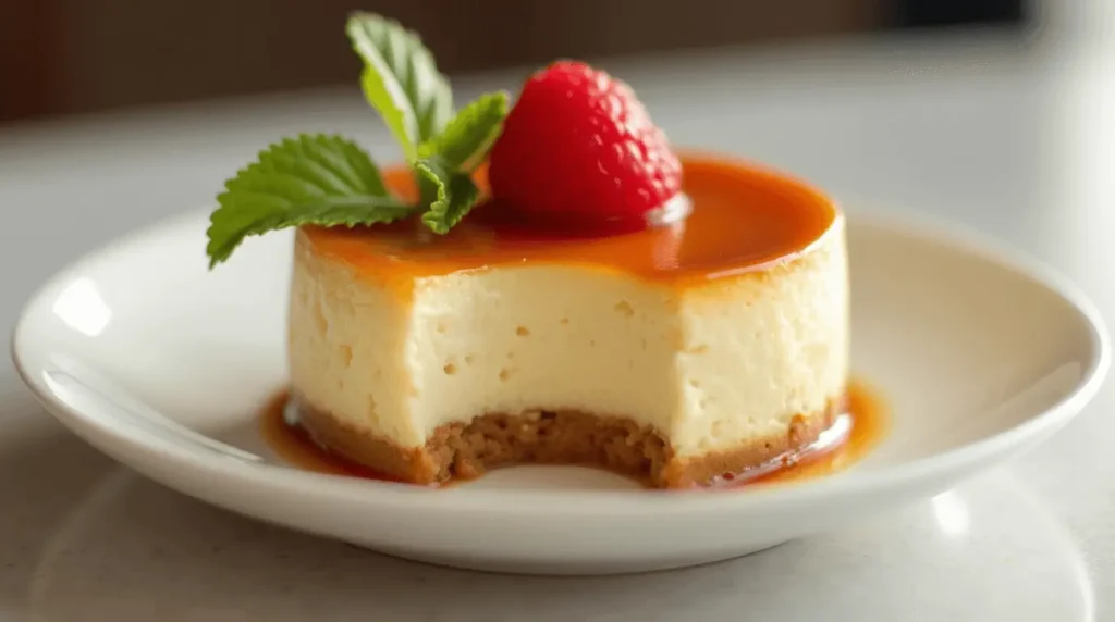 A close-up of a Mini Crème Brûlée Cheesecake with caramelized sugar crust