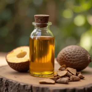 A bottle of argan oil placed on a wooden table, surrounded by argan nuts and their shards, representing its natural and artisanal origin
