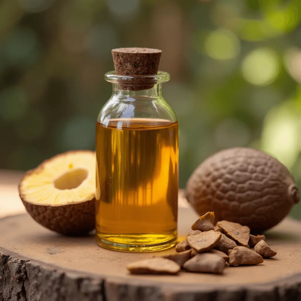 A bottle of argan oil placed on a wooden table, surrounded by argan nuts and their shards, representing its natural and artisanal origin