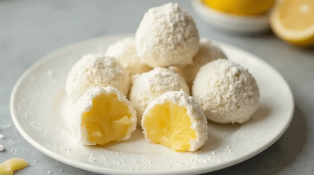 A batch of homemade Melty Lemon Truffles coated in powdered sugar on a plate.