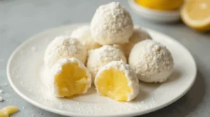A batch of homemade Melty Lemon Truffles coated in powdered sugar on a plate.
