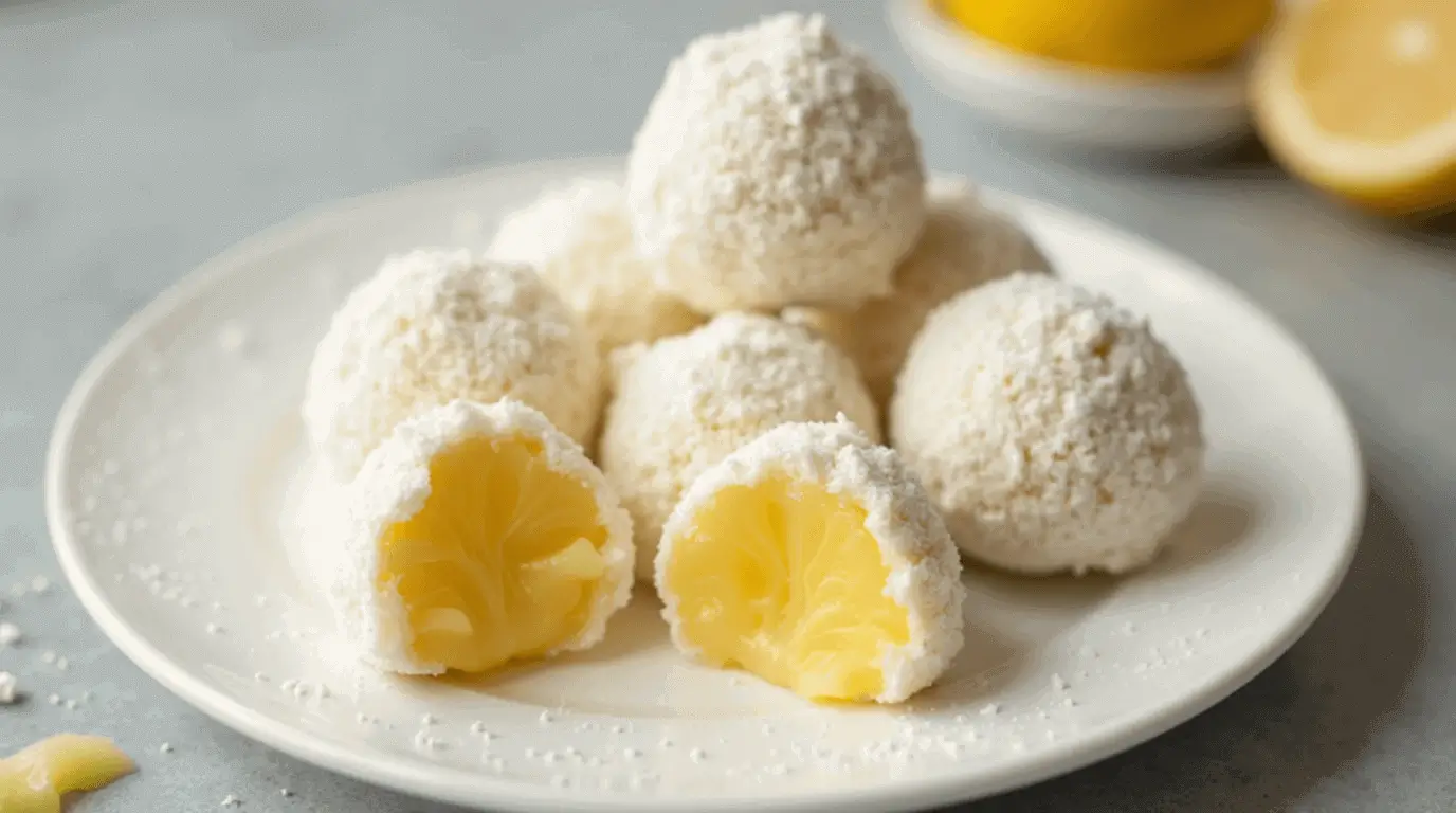 A batch of homemade Melty Lemon Truffles coated in powdered sugar on a plate.
