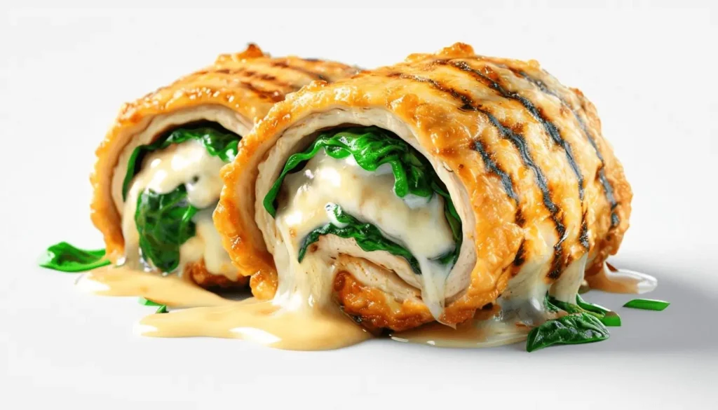 Tender chicken rolls filled with creamy mozzarella, fresh spinach, and smoky bacon, served warm with buttered spinach