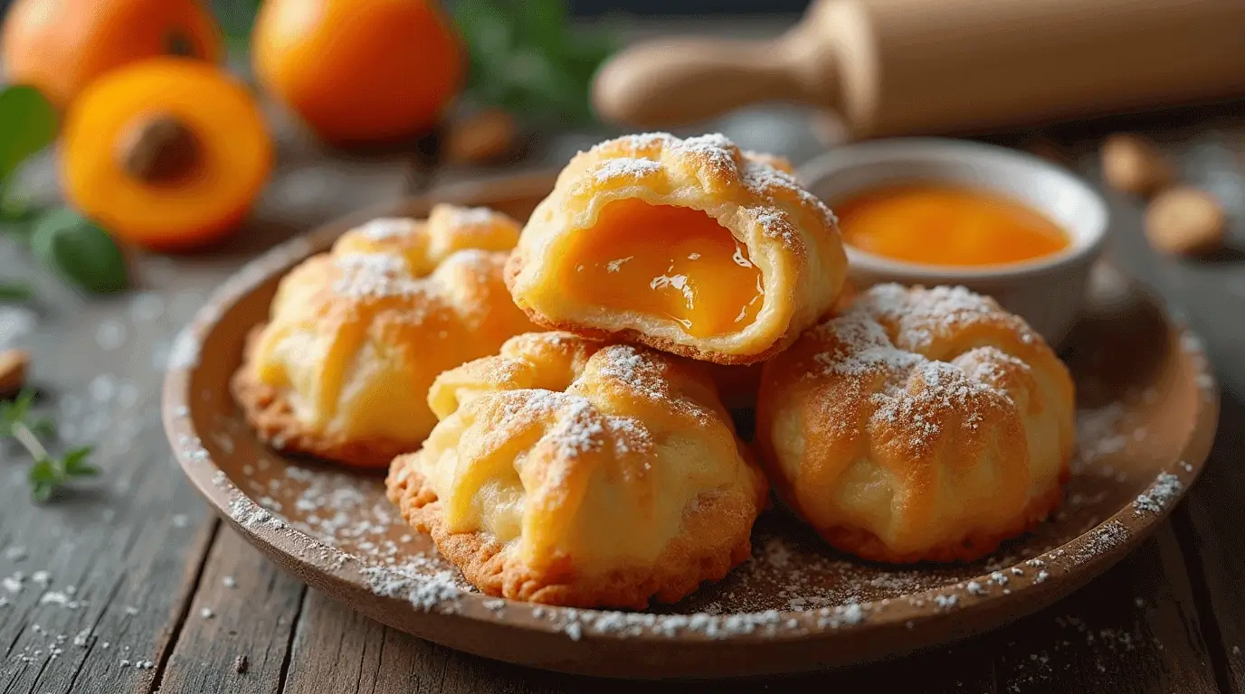 Golden baked apricot dumplings topped with breadcrumbs on a baking tray