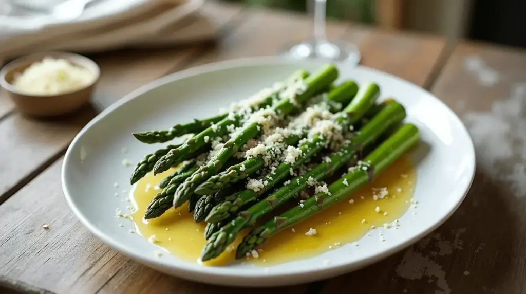 Classic asparagus dish with melted butter and Parmesan cheese on a white plate.