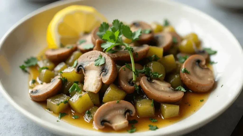 A plate of sautéed celery and mushrooms with a lemon garnish and a glass of white wine.