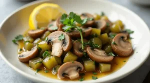 A plate of sautéed celery and mushrooms with a lemon garnish and a glass of white wine.