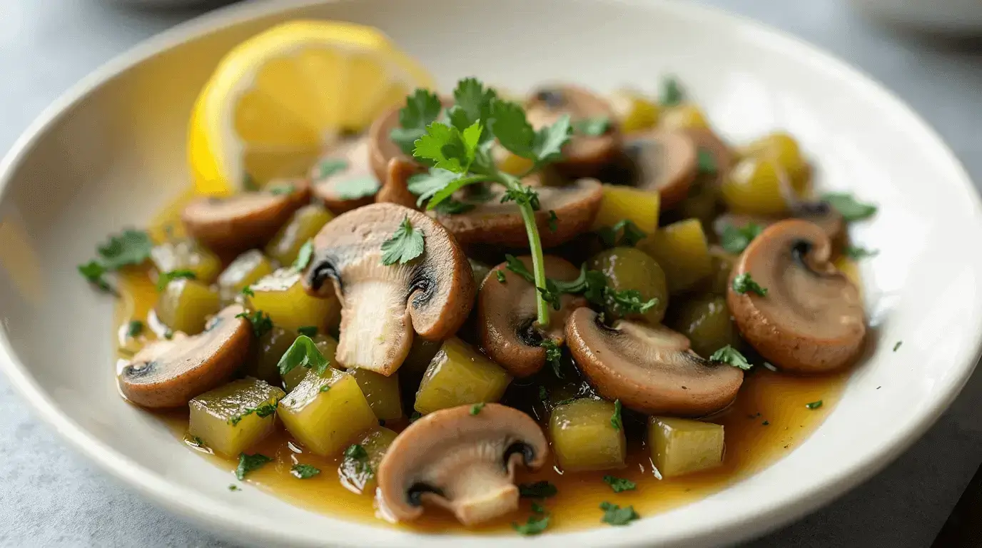 A plate of sautéed celery and mushrooms with a lemon garnish and a glass of white wine.