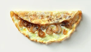Fluffy omelette filled with sweet caramelized onions, served with toast and fresh herbs.