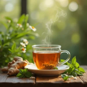 Cup of herbal tea with fresh herbs like chamomile, mint, and ginger