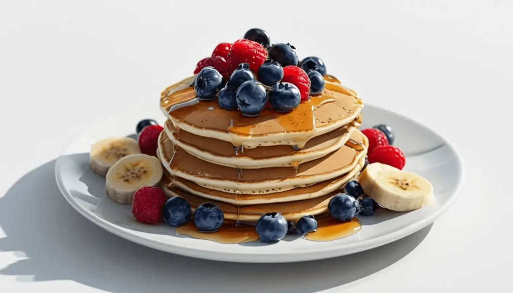Fluffy vegan protein pancakes with berries and maple syrup