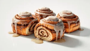 Fluffy vegan cinnamon rolls with icing drizzle on a white plate